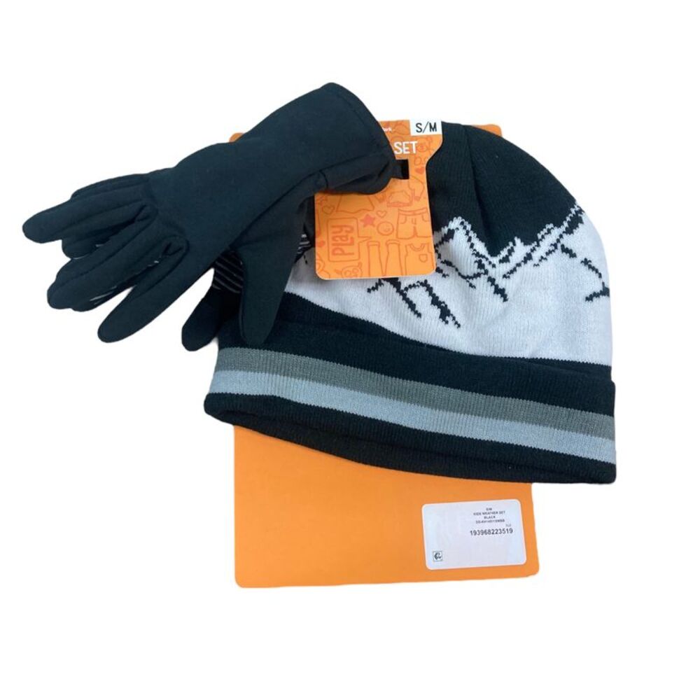 Member's Mark Kid's Flat Knit Beanie Hat With Pom Pom & Gloves Set - Black